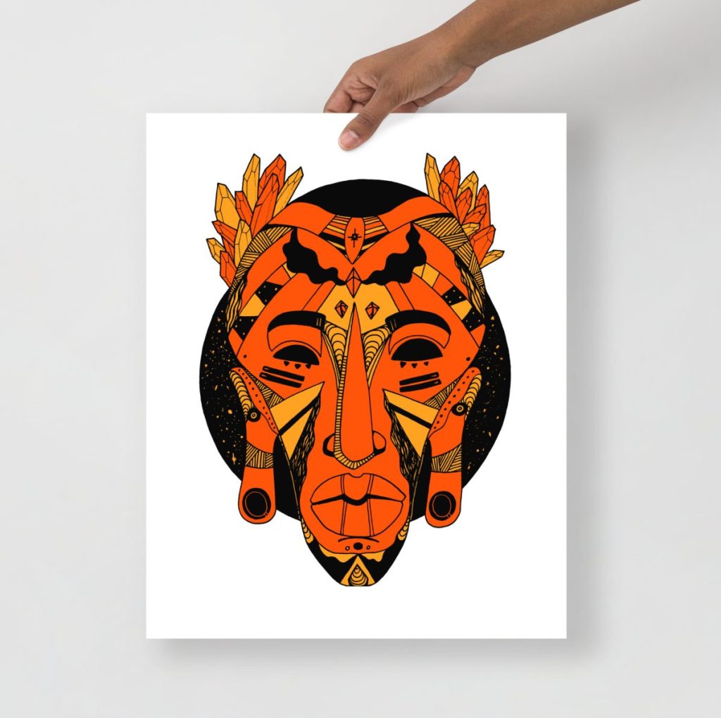 Bold orange and black african tribal art mask print for striking wall decor