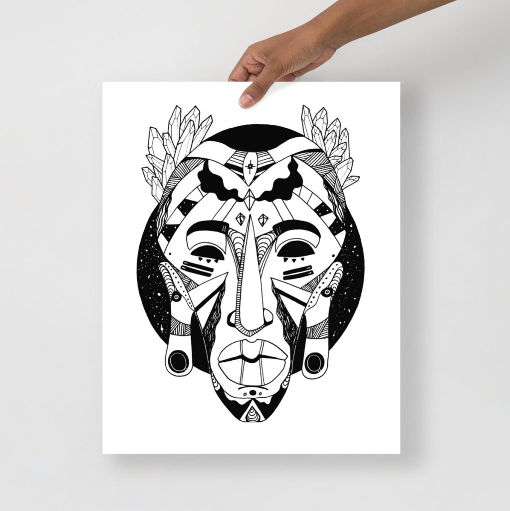 Intricate pen and ink drawing capturing the essence of african tribal mask art