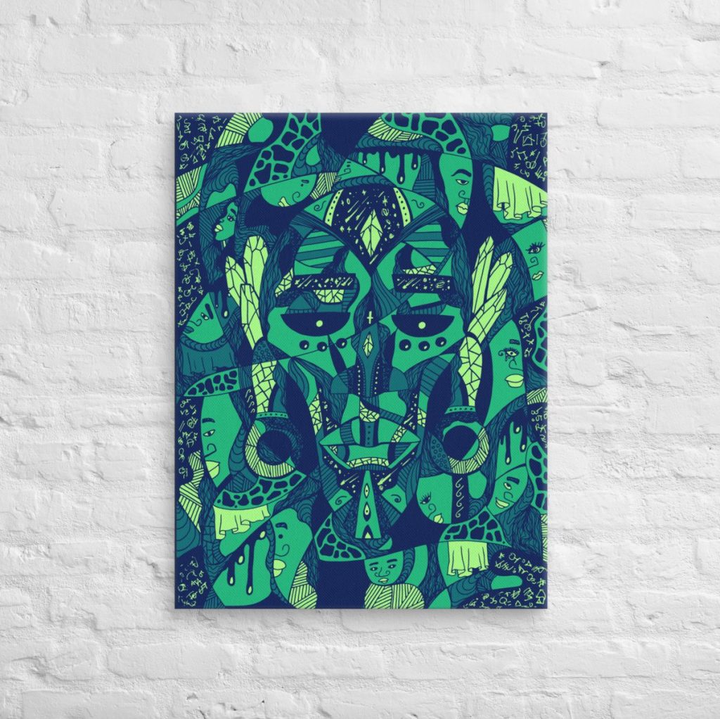 Green-hued african tribal mask art wall canvas featuring Atok and twelve tribe chiefs