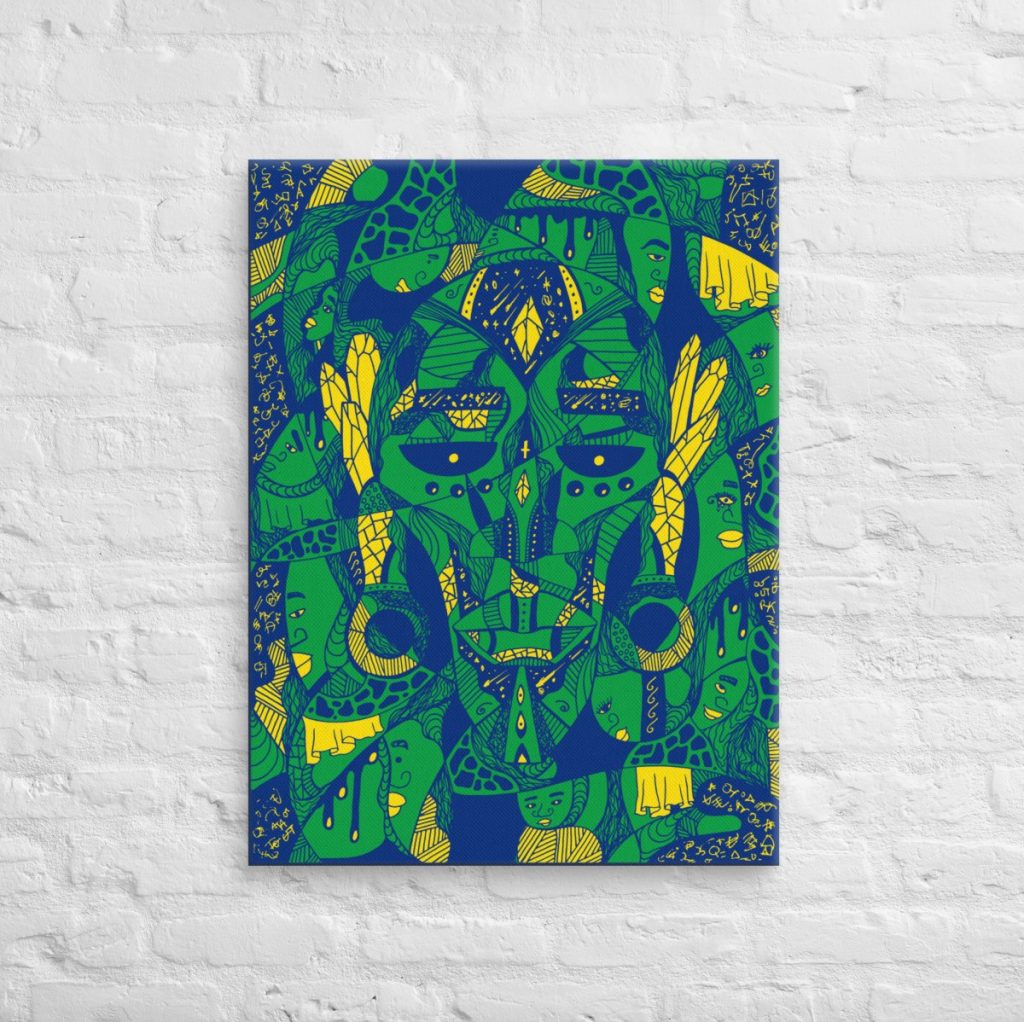 Brazil-inspired african tribal mask art canvas with vibrant Atok and chiefs design