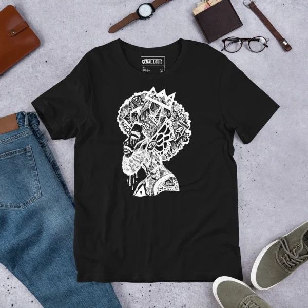 Black afro art men's shirt featuring white melancholic mind line art design with intricate patterns and expressive strokes