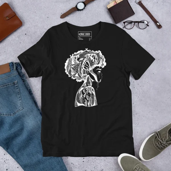 Black afro art men's t-shirt with white intricate line drawing of a head profile and brain design