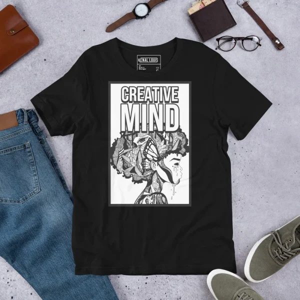 Black afro art men's t-shirt featuring Creative Mind graphic with intricate head profile illustration and bold typography