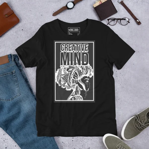 Black men's t-shirt featuring Creative Mind afro art design with detailed line work and brain imagery