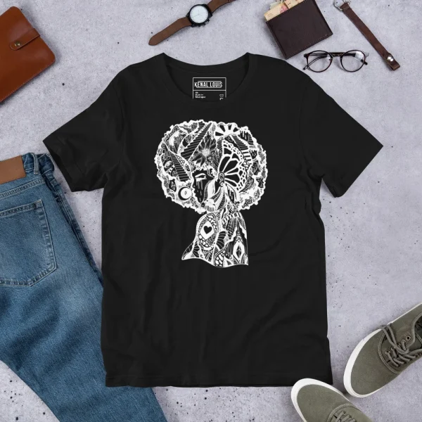 Black afro art t-shirt featuring white intricate line art design of a profile head with nature elements