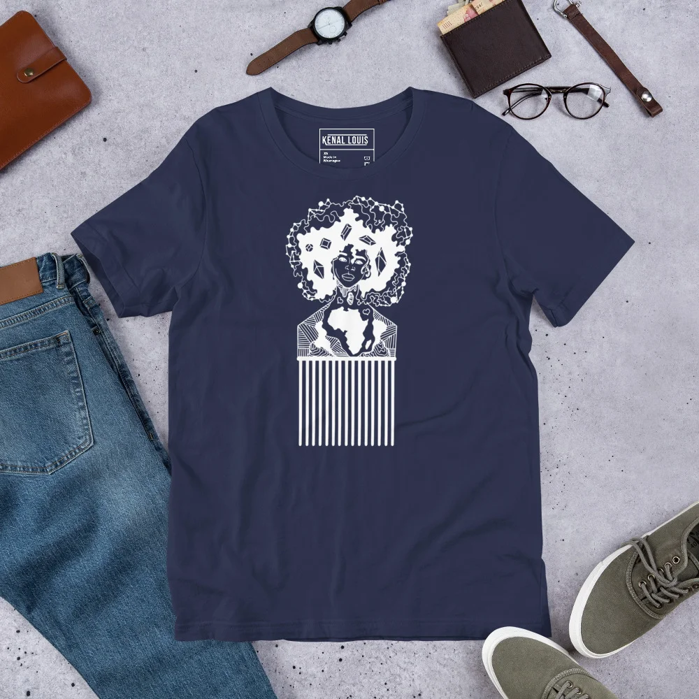 Navy afro hair pick t-shirt with white line art design featuring portrait and comb motif