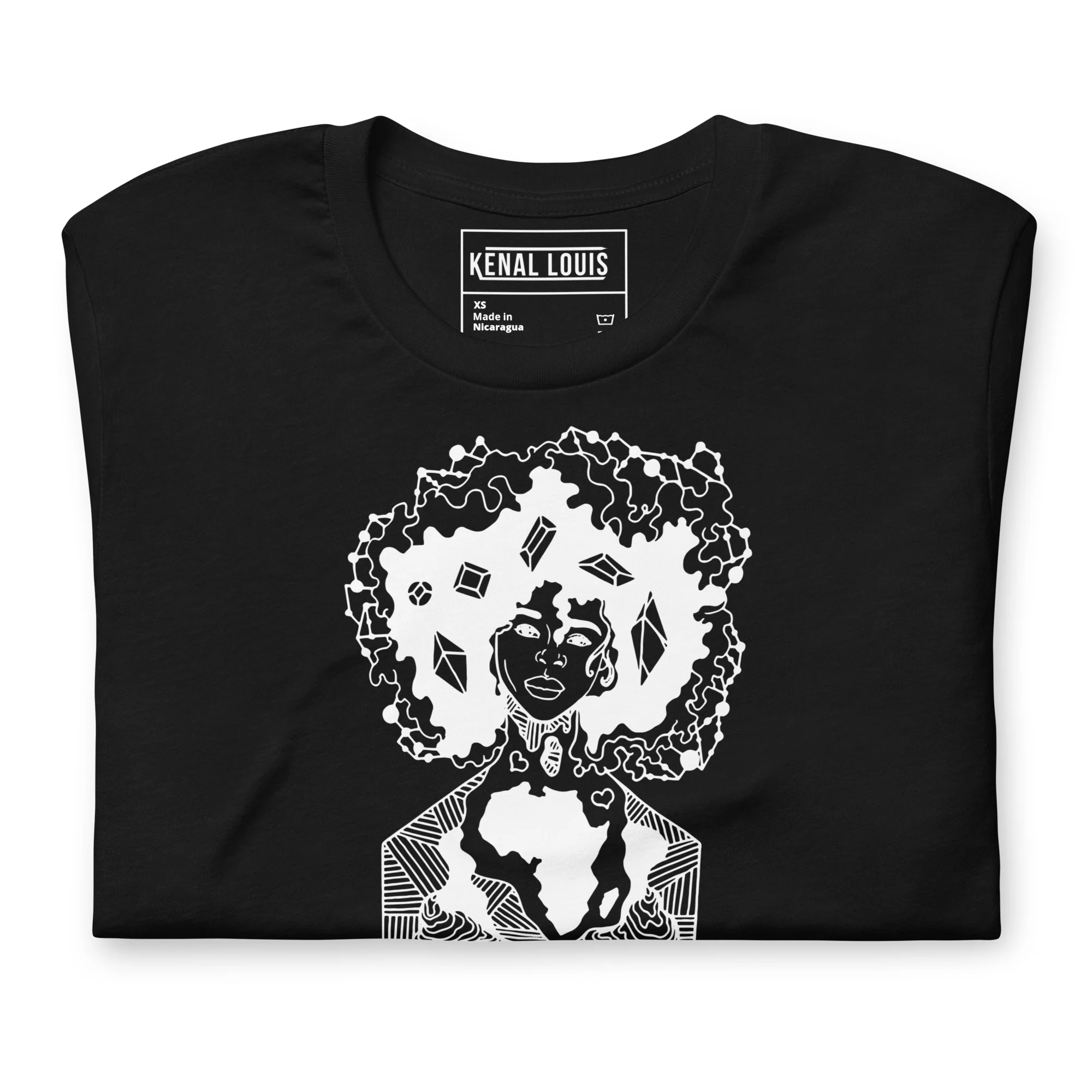 Black t-shirt featuring white line art of an afro hair pick design with geometric patterns and African imagery