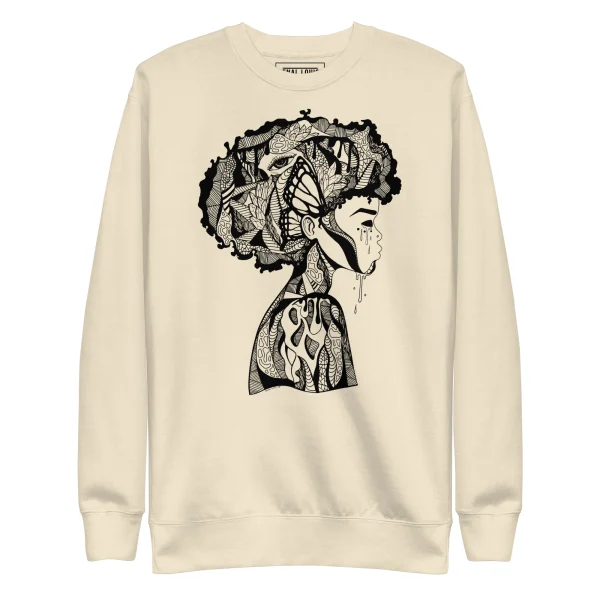 Cream Afro sweatshirt featuring intricate black linework portrait of woman in profile with natural afrocentric hair art design