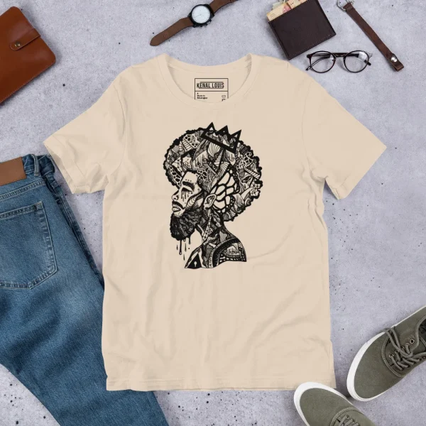 Cream afro t-shirt featuring intricate black melancholic mind graphic with cultural artwork design