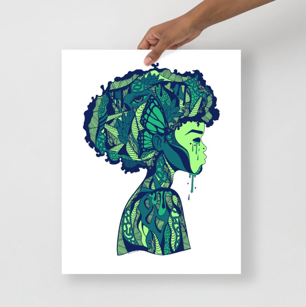 Green-toned beautiful mind art print celebrating afrocentric womanhood with lush natural vibrancy