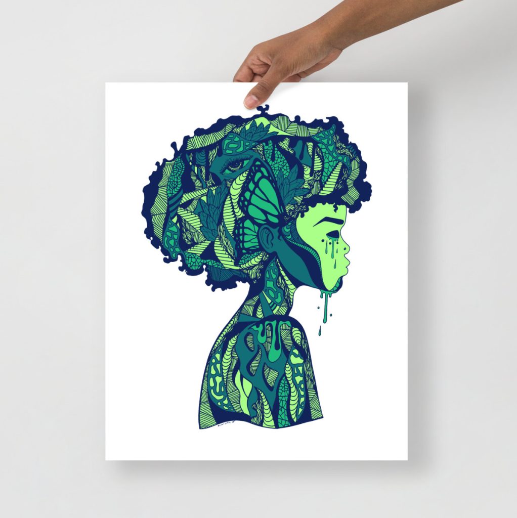 Lush green afro woman art print capturing natural beauty and Afrocentric artistic expression