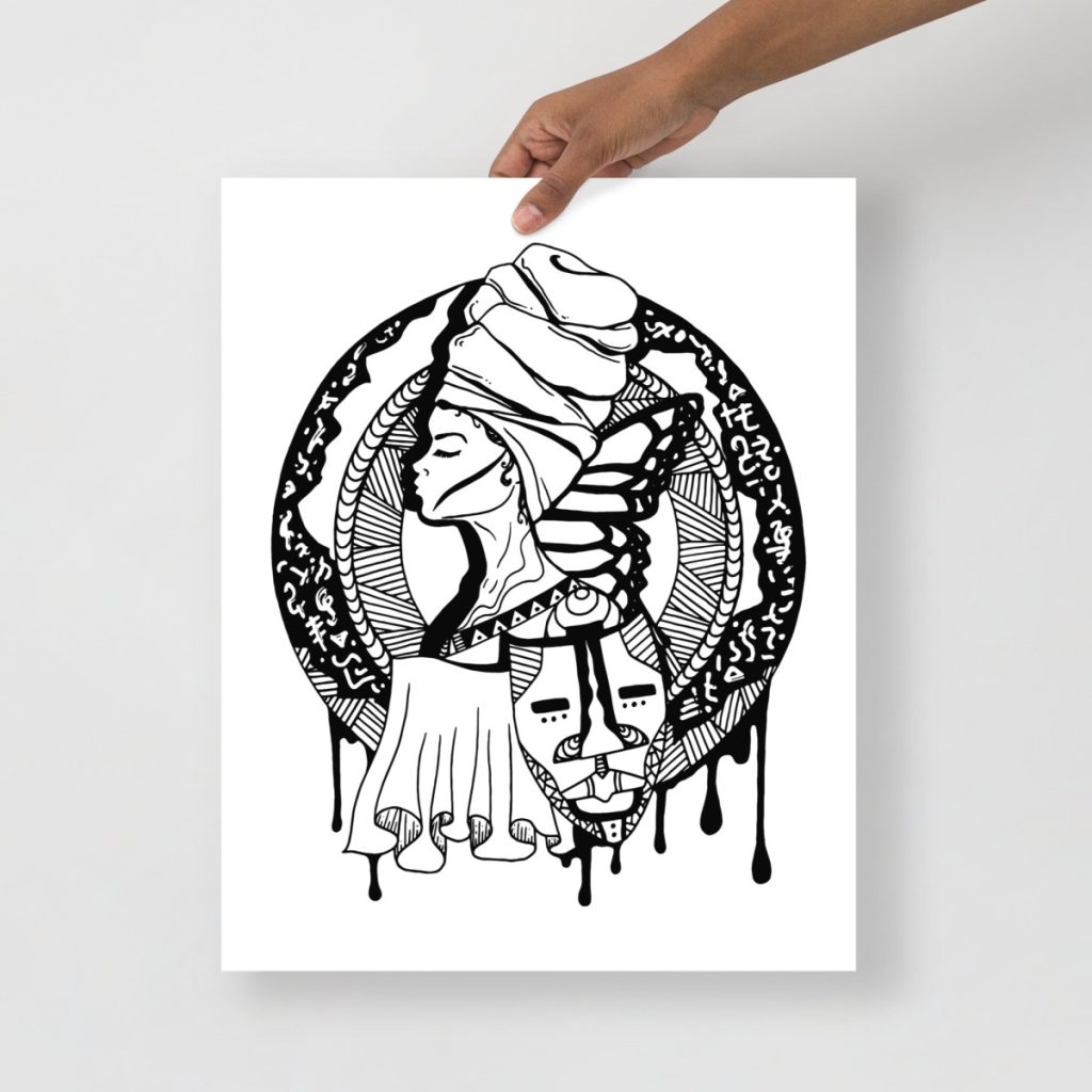 June Sees afro woman art print featuring bold Afrocentric wall art styling