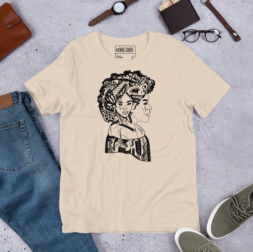 Bold afro woman t shirt featuring a dreamy looking to escape black culture design