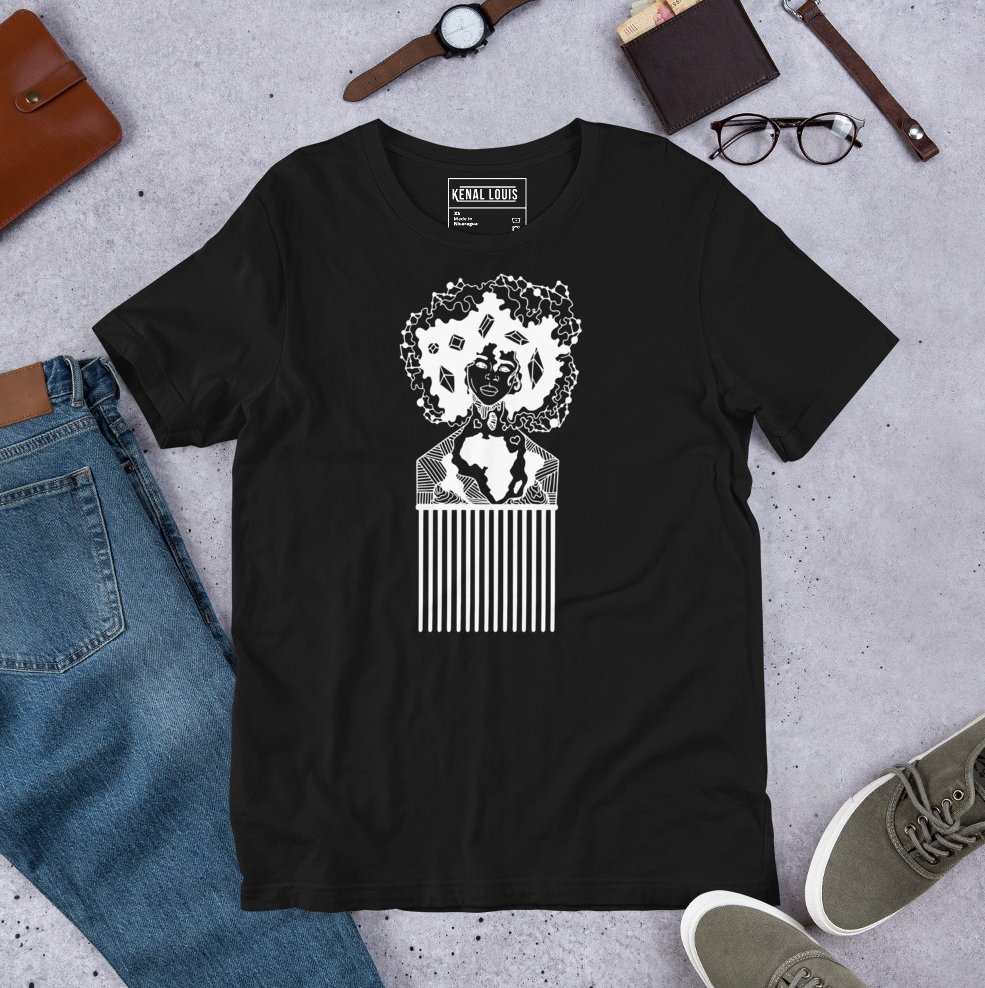Afrocentric line art tee highlighting a classic afro hair pick empowerment design
