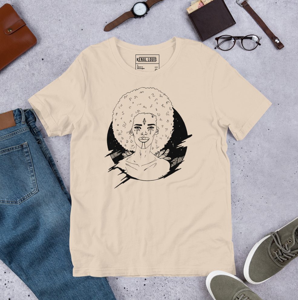 Cosmic Eve afro woman t shirt celebrating black culture with celestial inspired artwork