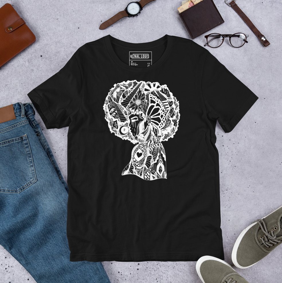Detailed line art afro art t shirt featuring Beautiful Mind creative expression design