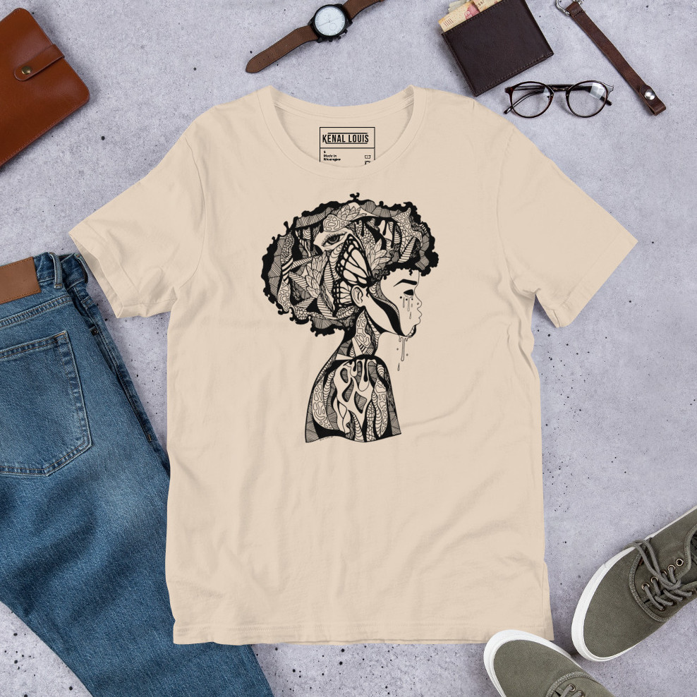 Beautiful Mind afro cotton tee with striking afrocentric natural hair graphic print