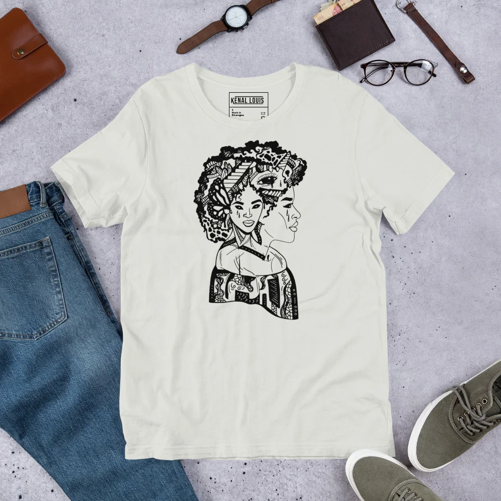 Cream afro woman t-shirt with black and white illustrated graphic featuring African American cultural artwork and patterned design details