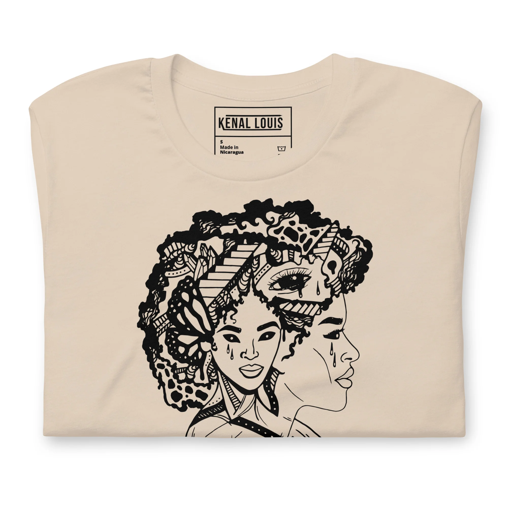 Cream afro woman t-shirt featuring intricate black line art portrait with patterned hair design