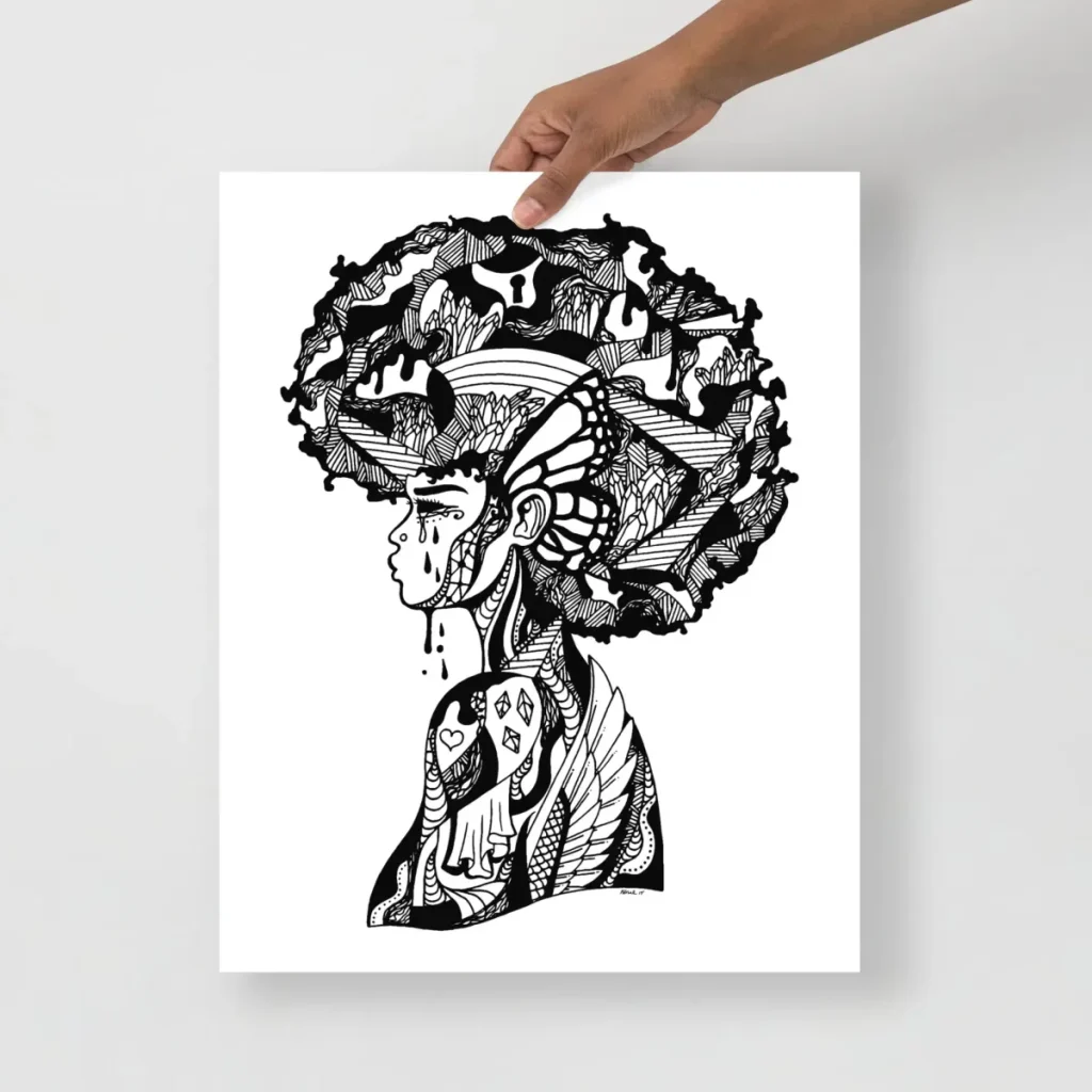 Her Beautiful Mind afrocentric print showcasing a womans thoughtful and radiant inner world