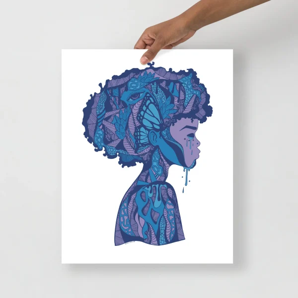 Beautiful Mind afrocentric art print featuring a profile silhouette filled with intricate blue and purple patterns, dripping paint details, and cultural motifs.