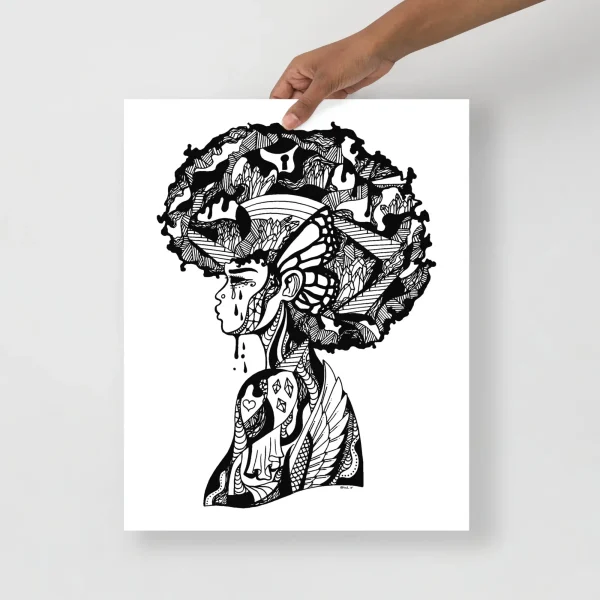 Afrocentric art print featuring an illustrated profile silhouette with intricate patterns and natural afro hair design
