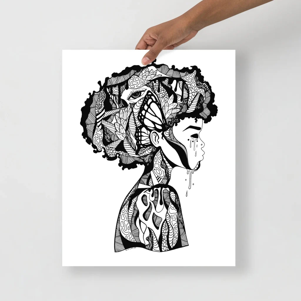 Afrocentric art print featuring an intricate profile silhouette filled with detailed patterns and textures in black and white.