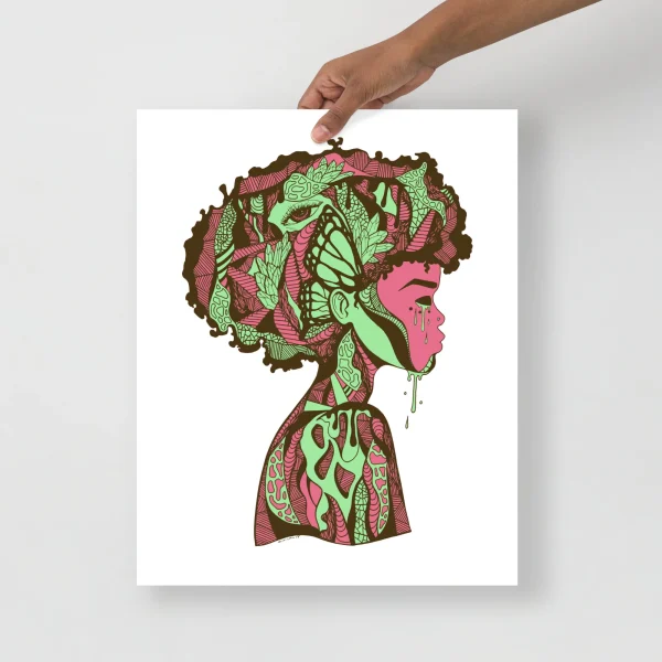 Afrocentric art print featuring a profile silhouette with intricate pink and green botanical patterns and flowing tears.