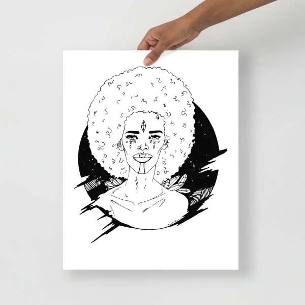 Afrocentric art print featuring a portrait of a woman with voluminous natural afro, cosmic third eye, and celestial black wings in ink line style