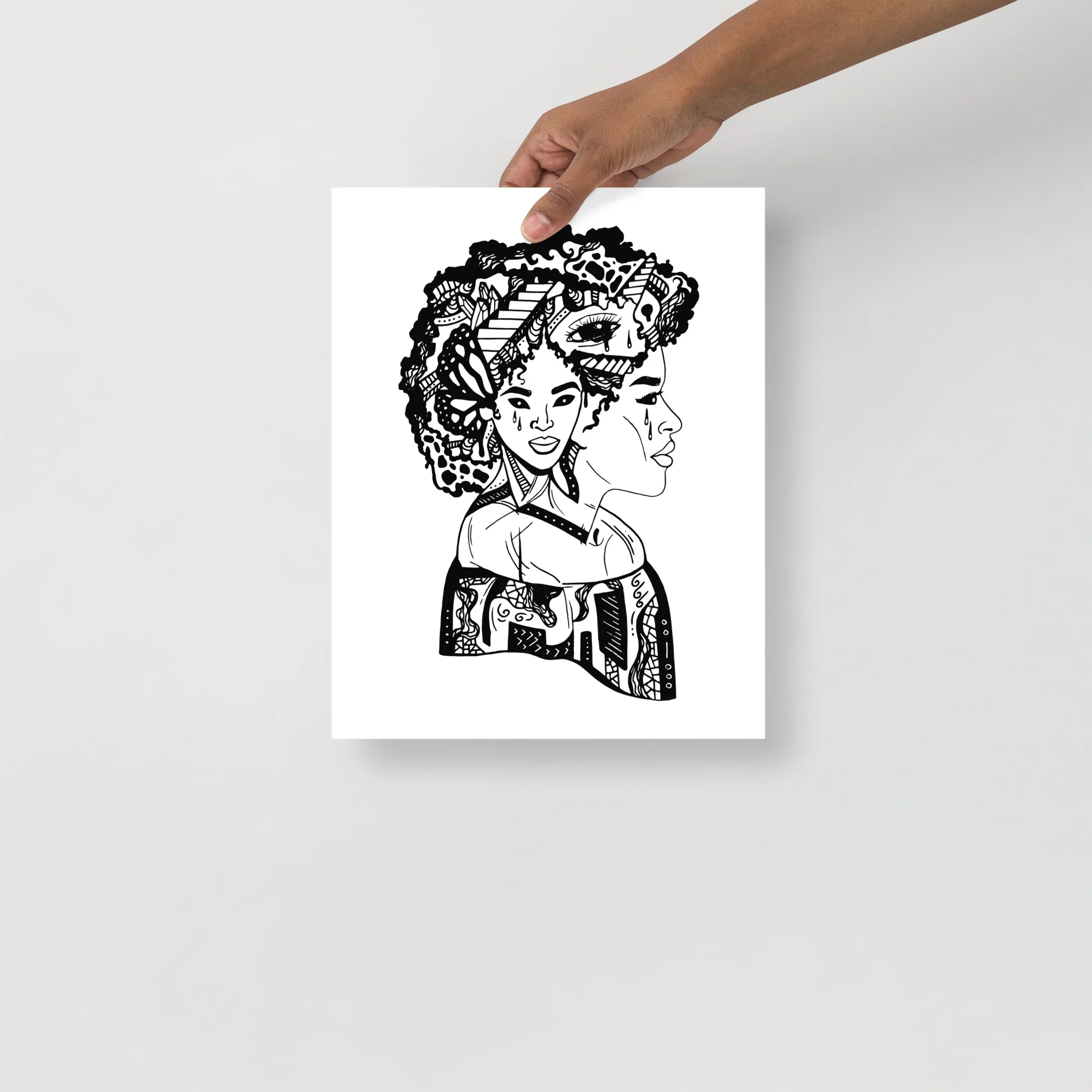 Afrocentric art print featuring an abstract profile portrait with intricate patterned hair and decorative neckline details