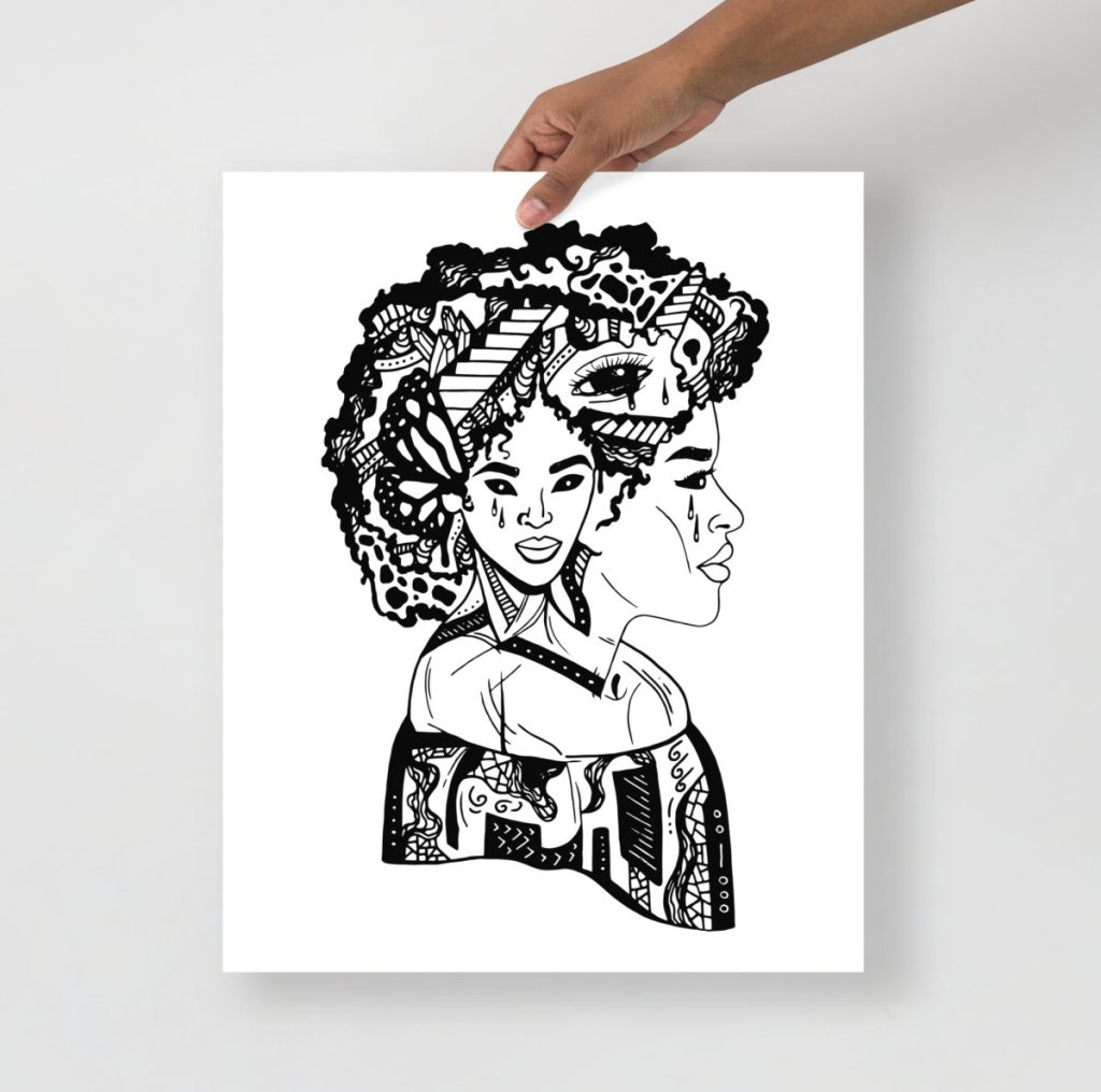 Bold afrocentric art prints featuring a woman gazing upward with dreamlike longing