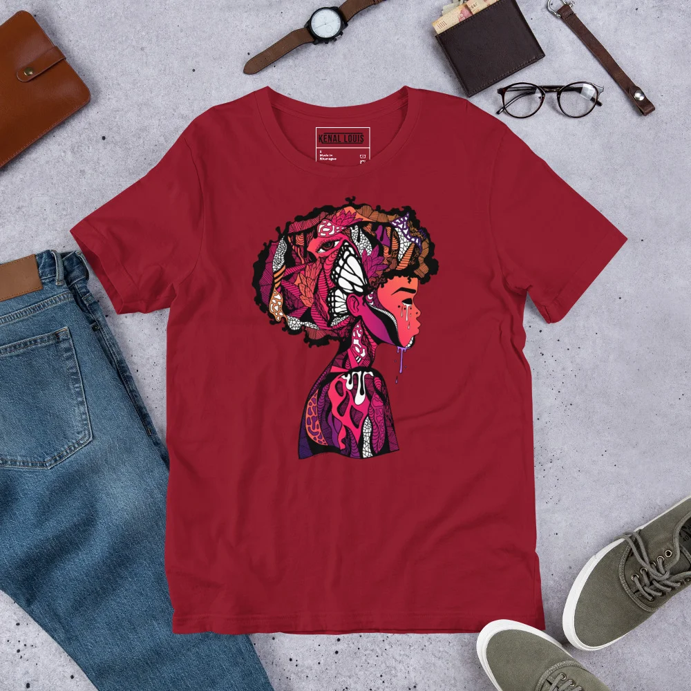 Red afrocentric art t-shirt with colorful profile silhouette design featuring butterflies and bold patterns