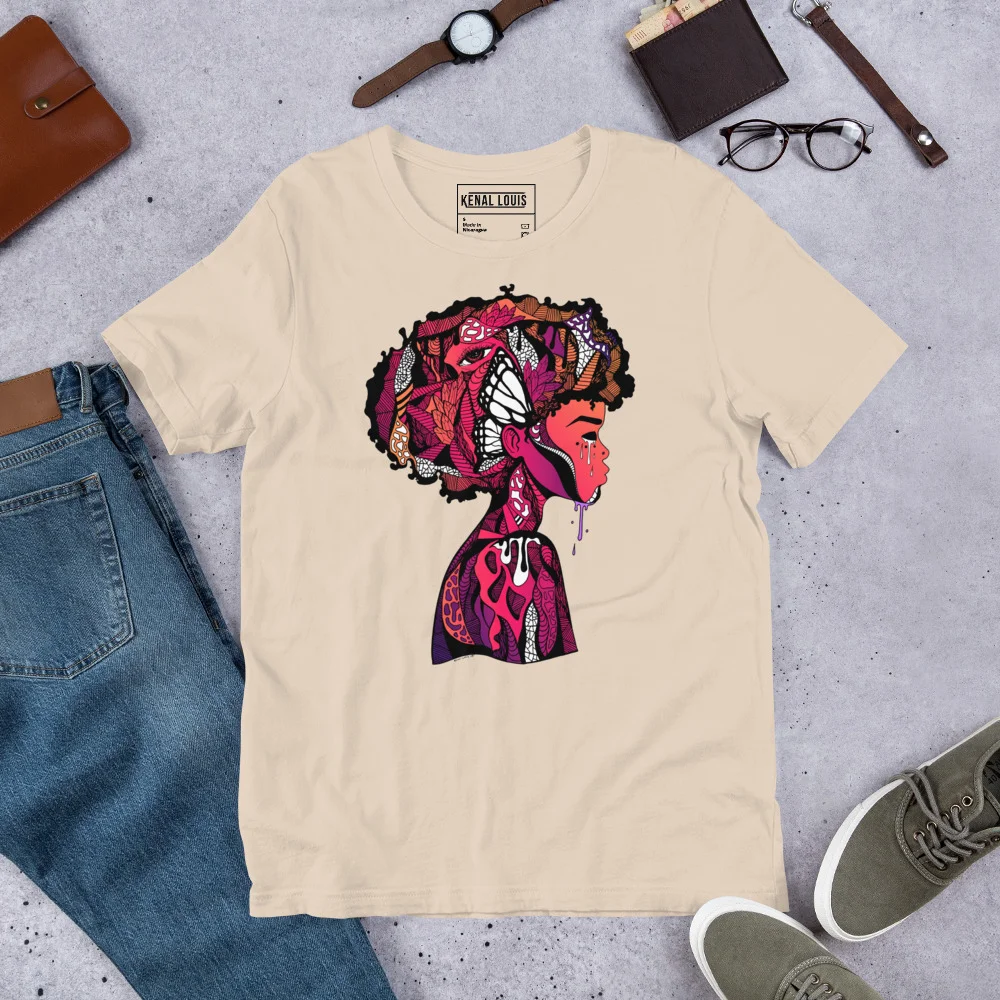 Cream afrocentric art t-shirt featuring a colorful profile silhouette with intricate patterns in cardinal, pink, and purple tones