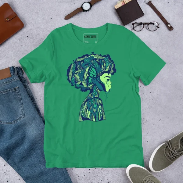 Kelly green afrocentric art t-shirt featuring intricate blue and neon yellow silhouette design on front, displayed flat lay with accessories.