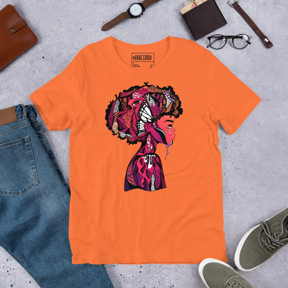 Orange afrocentric art t-shirt featuring colorful profile silhouette with intricate patterned design in cardinal and pink tones
