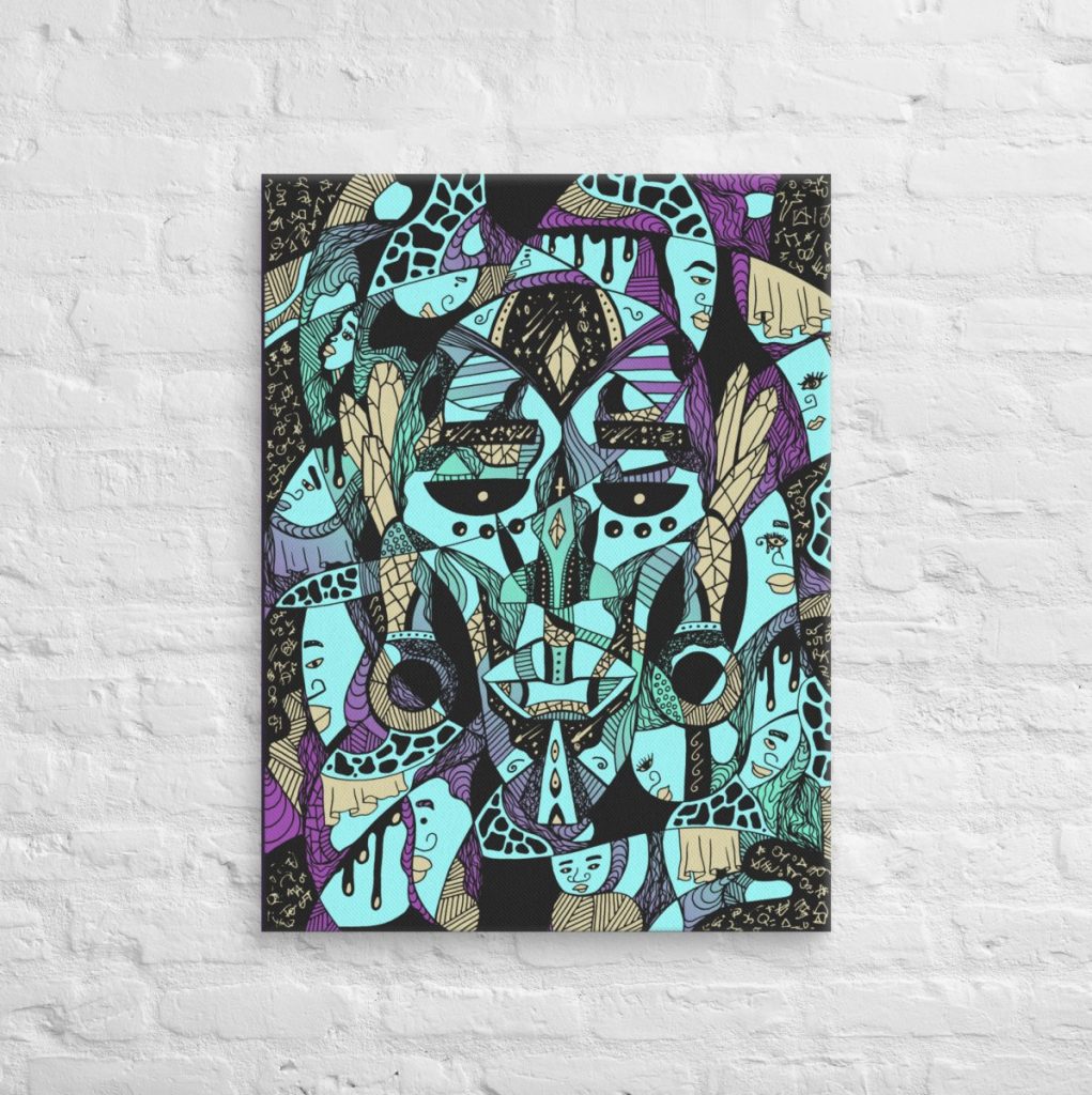 Deep purple African mask canvas art honoring Atok and twelve powerful tribe chiefs