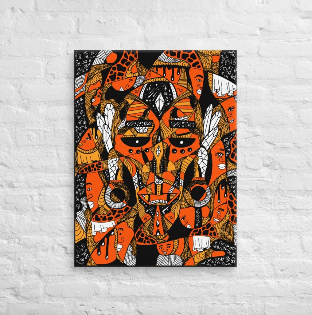Vibrant African mask canvas art showcasing Atok and twelve tribal chiefs in rich colors