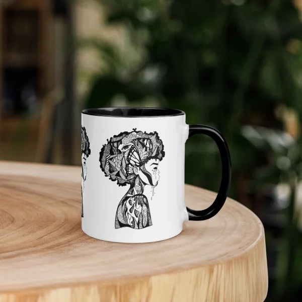 White afrocentric coffee mug featuring intricate black beautiful mind artwork with profile silhouette and ornate patterns, black handle and rim.