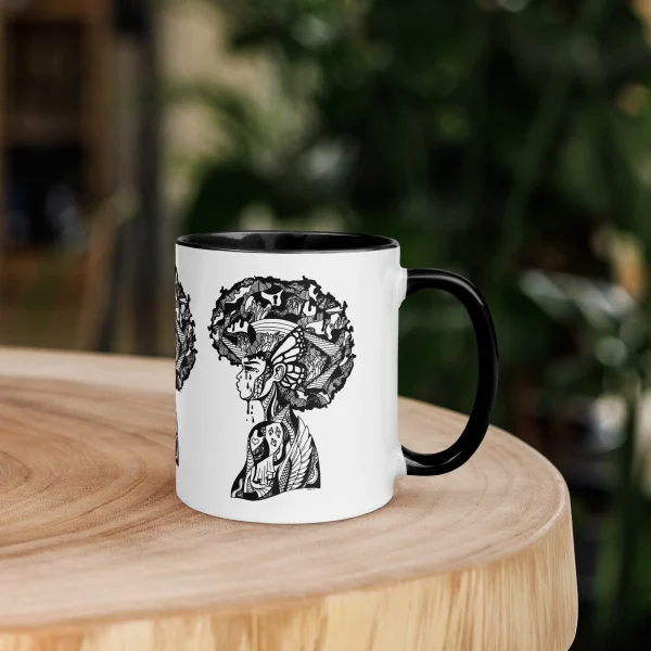 Afrocentric coffee mug featuring intricate black and white illustration of a woman's profile with decorative natural hair design and patterned neck detail