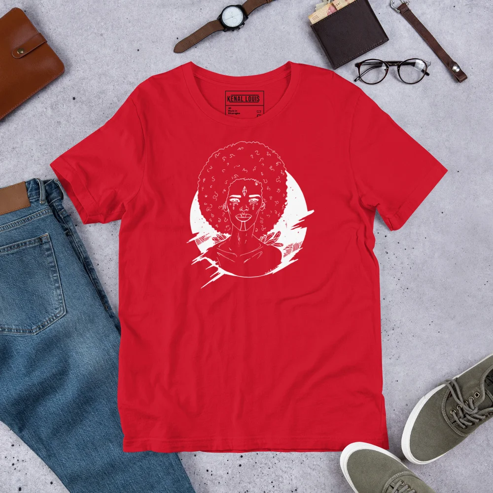 Red afrocentric line art t-shirt featuring a cosmic-inspired afro silhouette with white line design and celestial elements