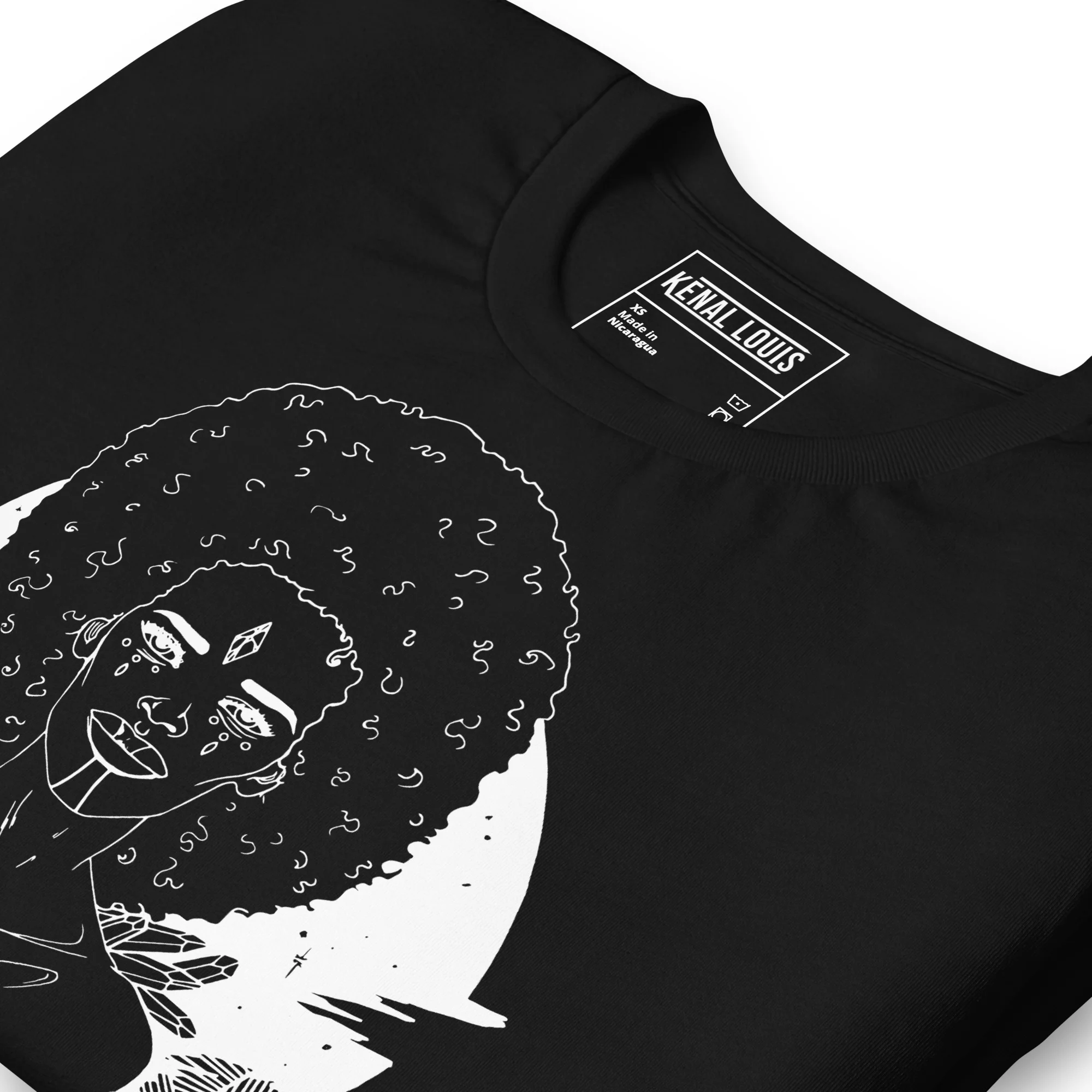 Black afrocentric line art t-shirt featuring a cosmic afro silhouette with celestial design and white linework