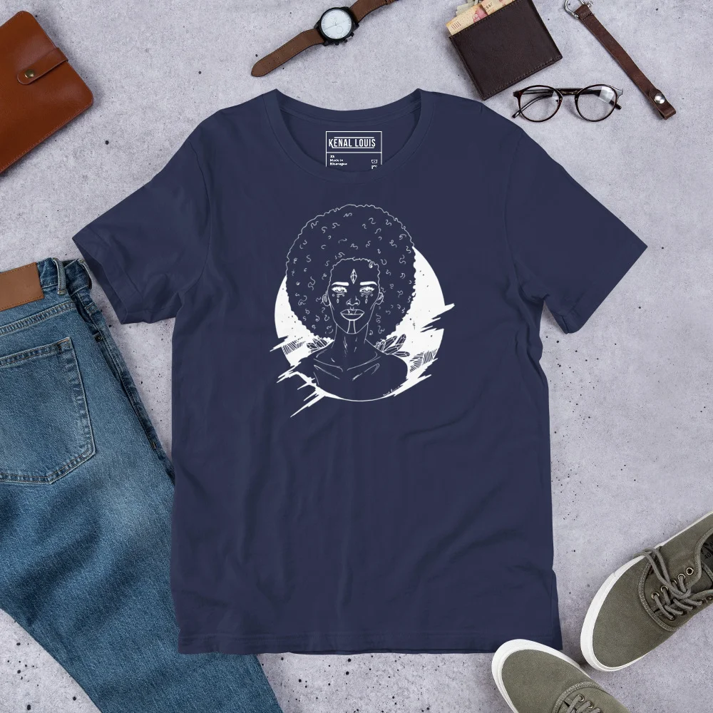 Navy afrocentric line art t-shirt with cosmic afro design displayed flat with accessories