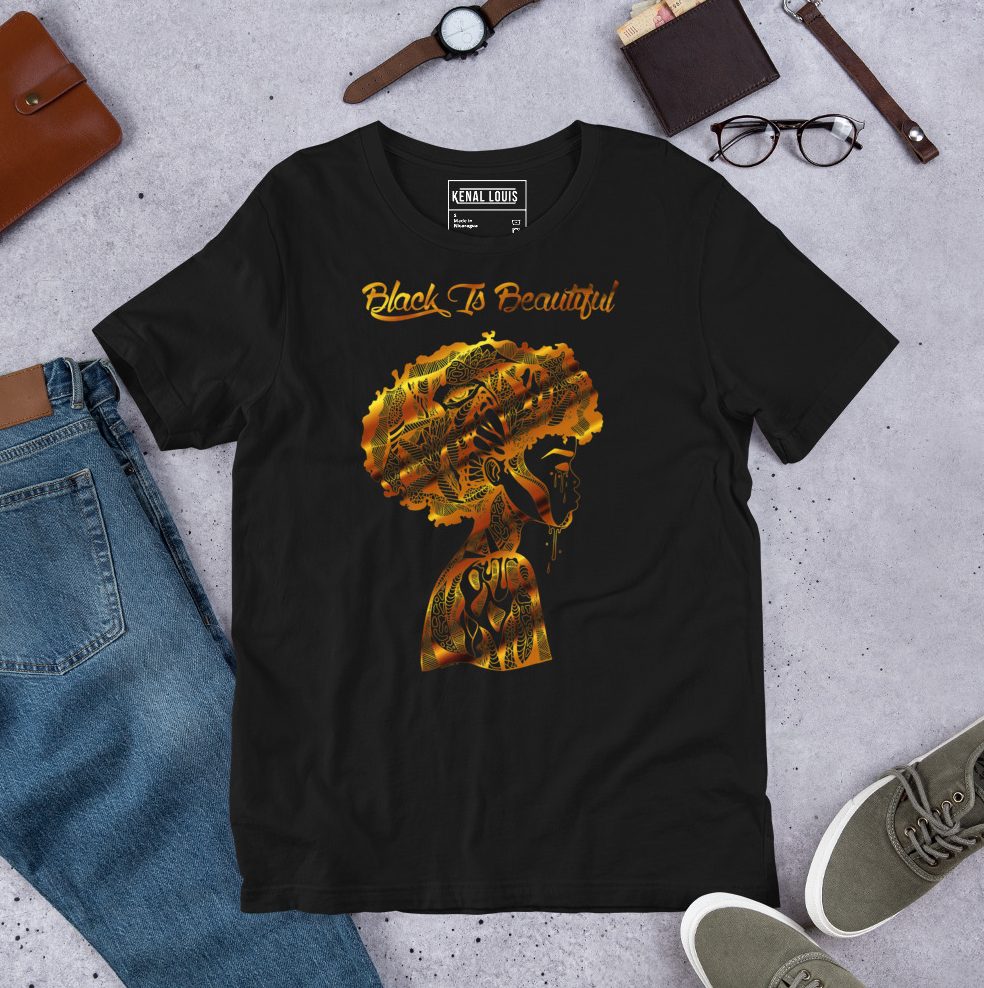 Gold Beautiful Mind t-shirt blending intellectual pride with bold afrocentric streetwear aesthetic