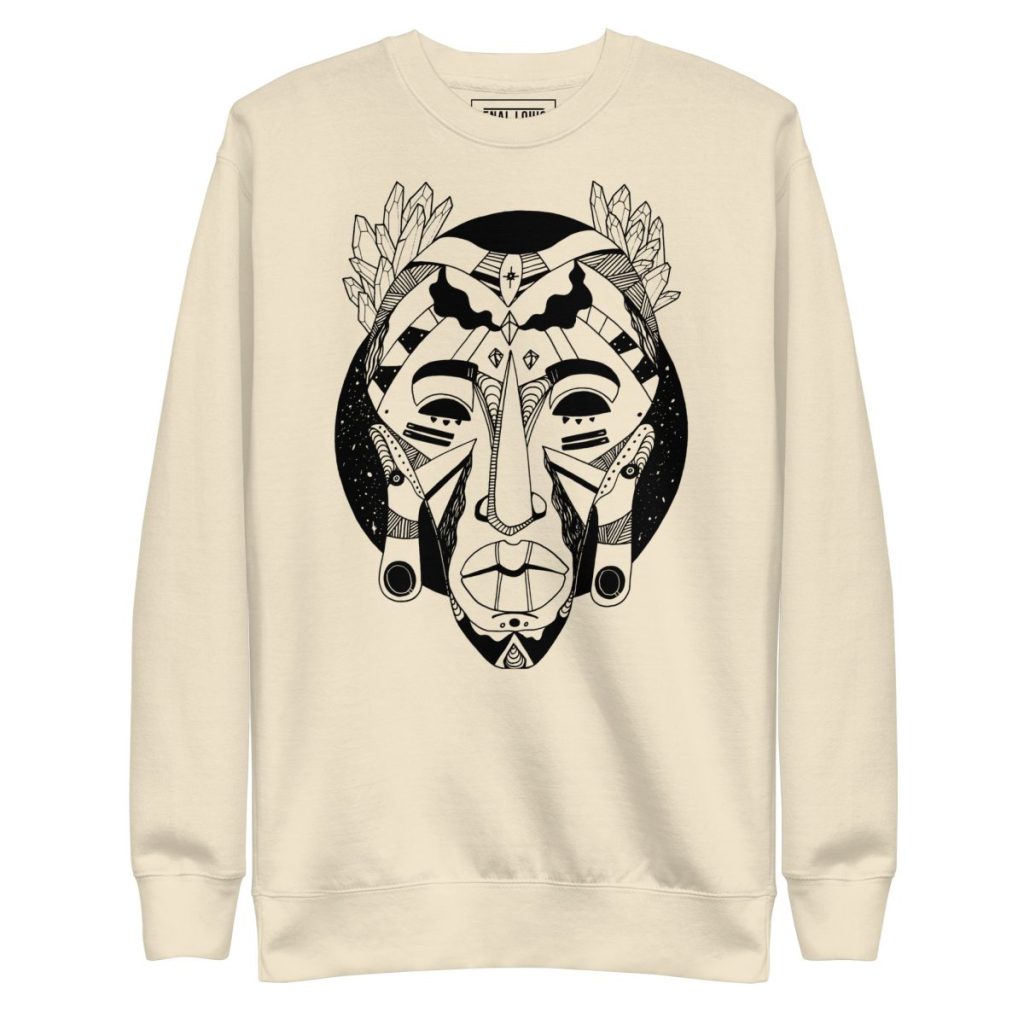 Bold afrocentric streetwear sweatshirt featuring vibrant African mask art graphic design