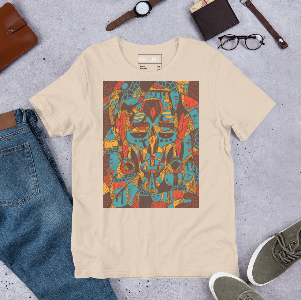 African mask art tee showcasing rich cultural patterns in afrocentric streetwear style