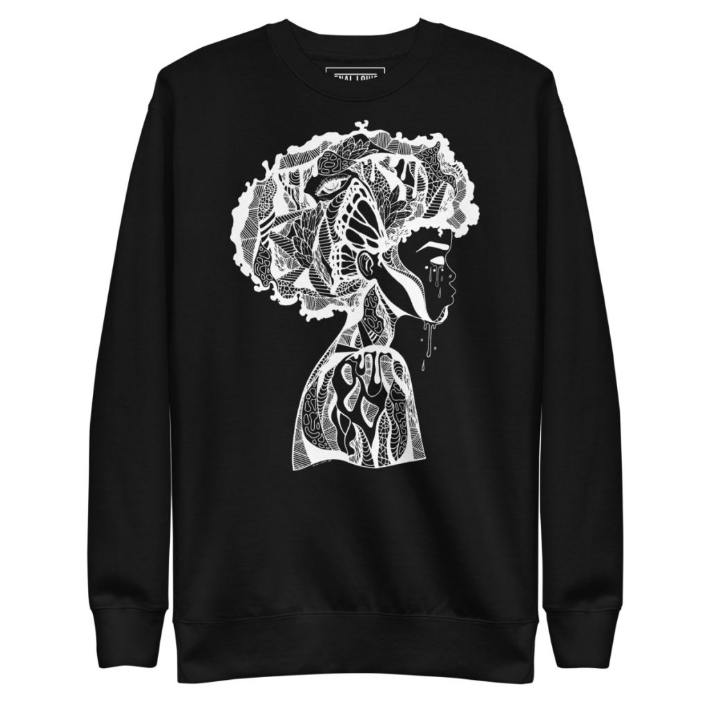 Minimalist afrocentric sweatshirts featuring elegant Afro line art on a soft crewneck pullover