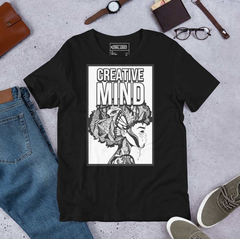 Bold afrocentric t shirt featuring creative mind afro art design for men
