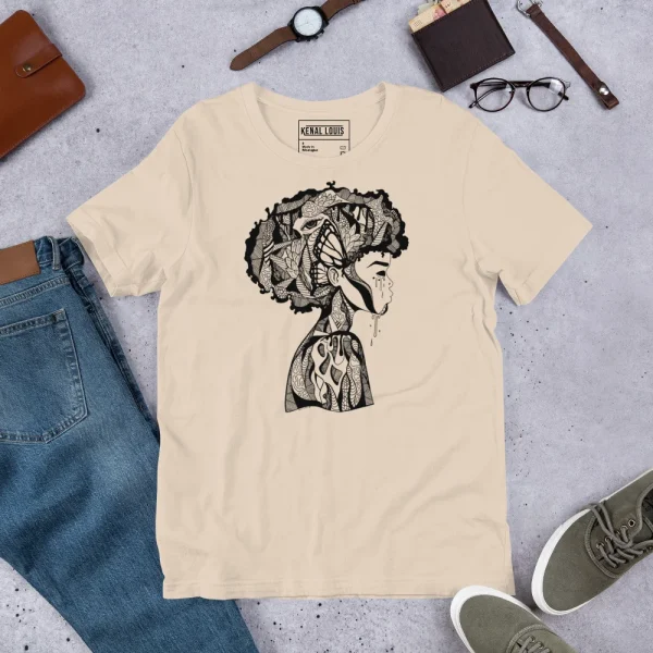 Cream afrocentric t-shirt featuring an intricate black Beautiful Mind Afro design with anatomical patterns