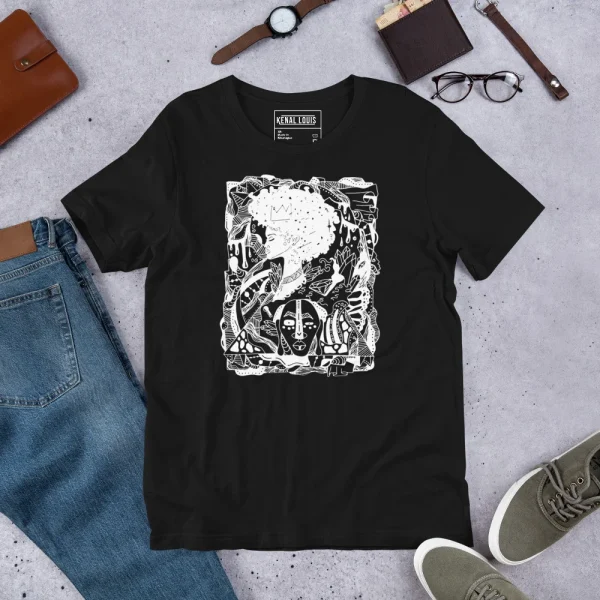 Black afrocentric t-shirt with white maze-inspired line art graphic featuring cultural symbolism, displayed flat lay with accessories