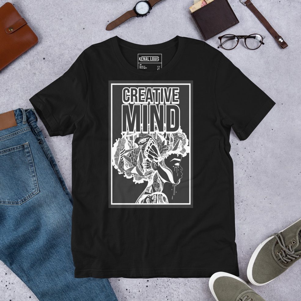 Minimalist line art mens tee showcasing creative mind afro illustration design